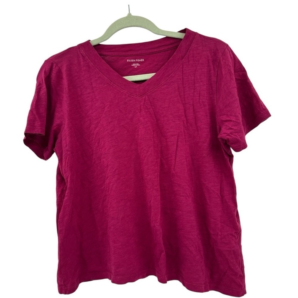 Eileen Fisher Cropped Organic Cotton Magenta V Neck Top Size Small